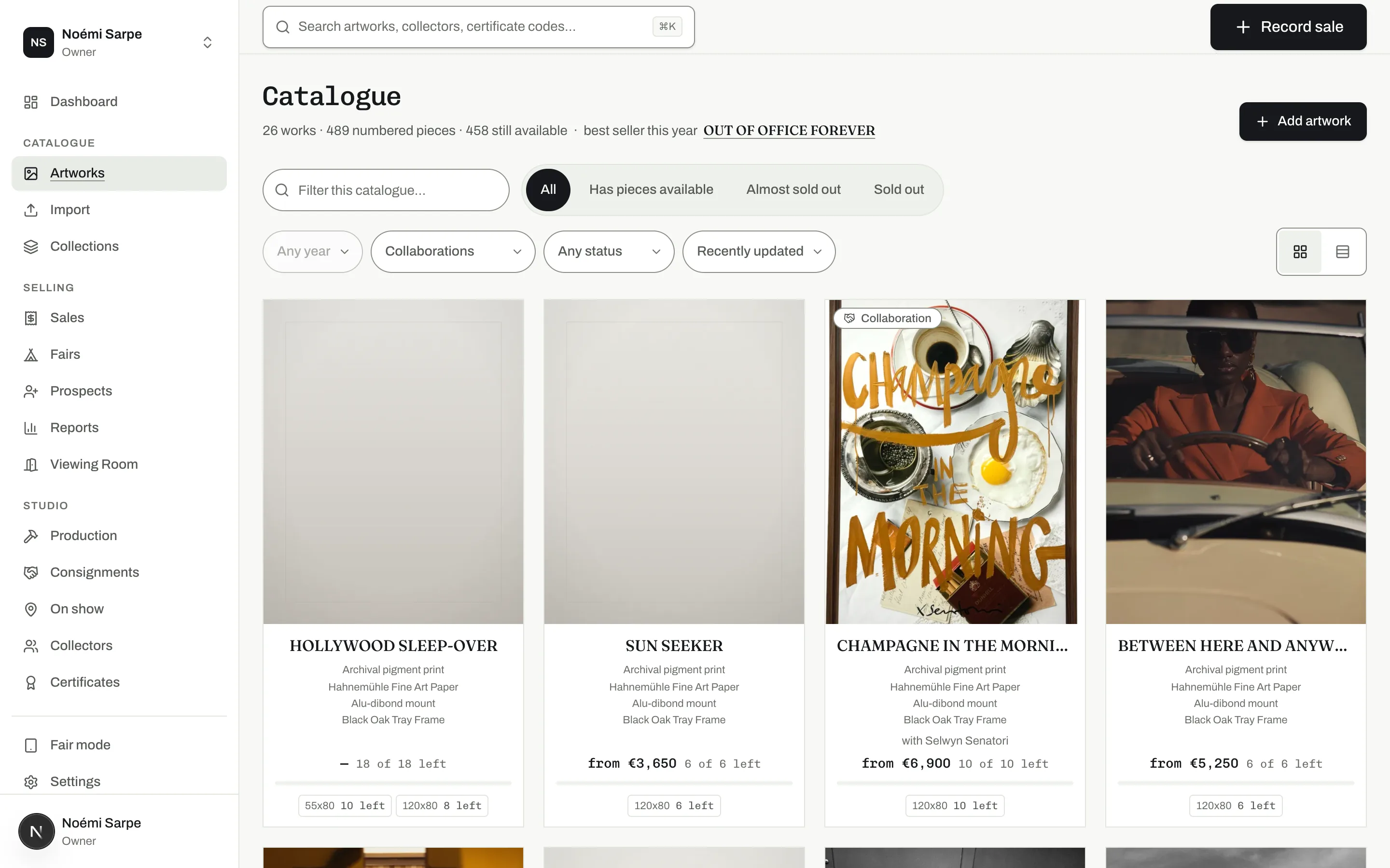 The catalogue screen: artworks in a grid with prices and pieces left
